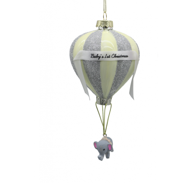 Χριστουγεννιάτικo Γυάλινo Αερόστατο με Ελεφαντάκι Ασημί (14cm)